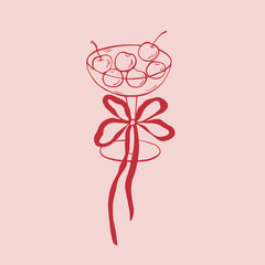 Vector red glas with red whimsical bow and cherry