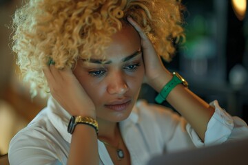 Overwhelmed businesswoman experiencing stress and frustration while working on her laptop, battling a headache and difficulty concentrating due to setbacks or connectivity issues