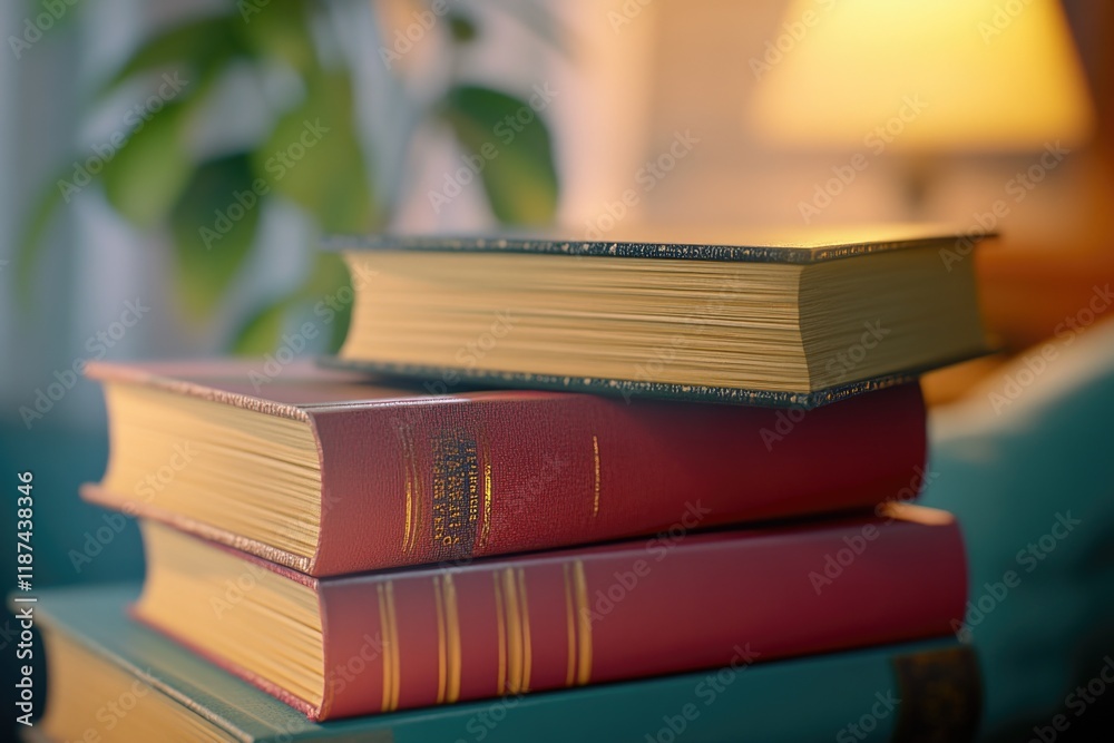 Poster A close-up shot of three books stacked on a table, with no other objects or distractions in the frame