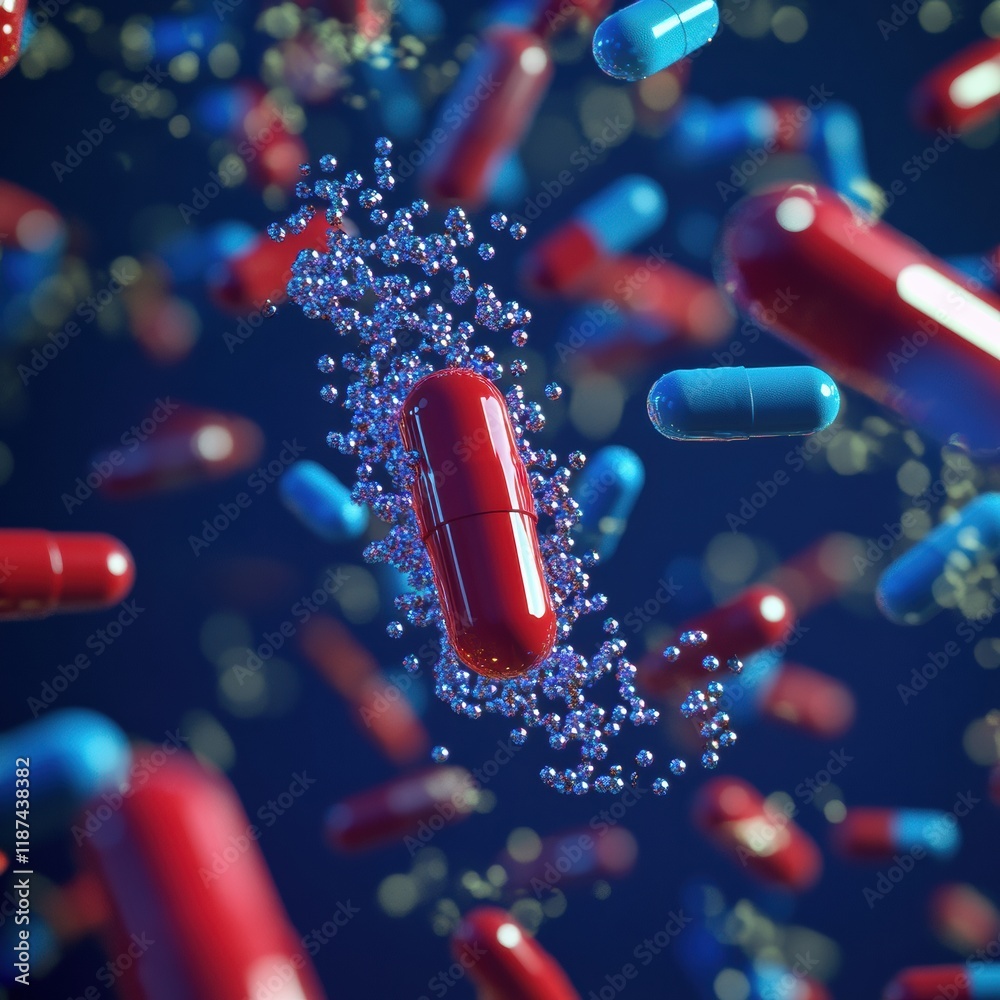 Aufkleber pills surround bacteria in a dynamic representation of medical advancement and health solutions. gen