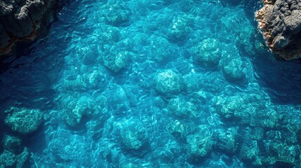 Calming aquatic scene with rocks visible beneath the surface, suitable for use as a wallpaper or in a design featuring nature