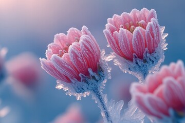 Close-up of frost-covered flowers in sunlight, great for spring or winter themes