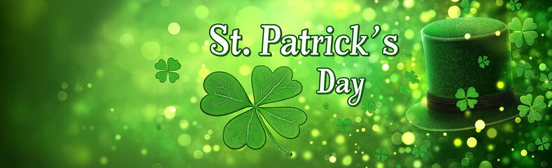 St Patrick's Day background with green shamrock leaves, clover hat on light background with bokeh effect, banner design for poster or greeting card template