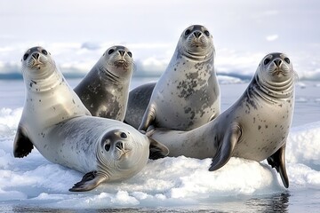 Fototapeta premium A group of Weddell seals lounging on sea ice, occasionally slipping into the water for a swim