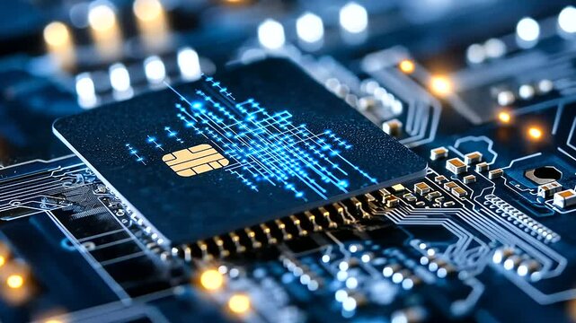A digital lock in glowing blue encircles a credit card resting on a detailed circuit board, with lines of encrypted data traveling through the circuit, signifying secure online tra