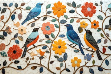 A group of birds perched on top of a colorful mosaic, perfect for use in decorative or educational settings