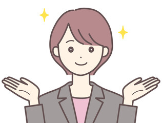 笑顔で両手を広げるスーツの女性（肌の色あり）