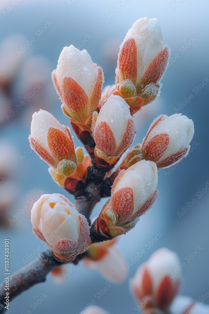 Poster a detailed view of a tree branch covered in frost, ideal for use in winter or cold climate themed de