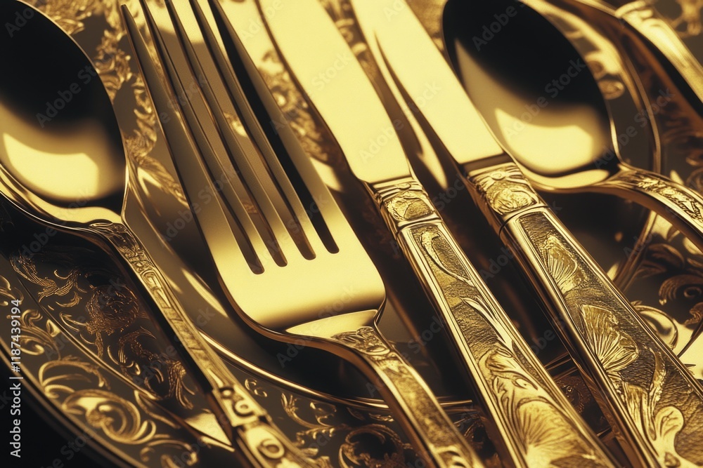 Poster a golden plate with silverware and spoons placed on top, suitable for use in still life or vintage-t