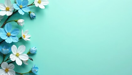 Fototapeta premium Pastel blue floral pattern on mint green backdrop, mint green, summer, vintage