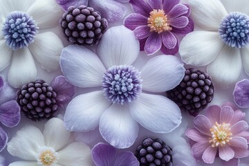 A collection of purple and white flowers arranged on a table