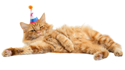 A cat wearing celebration cap isolated on white background