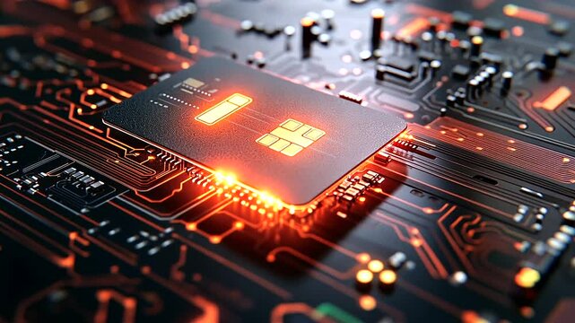 A glowing digital lock hovers over a credit card, which is securely placed on a digital circuit board, showcasing robust protection for online payment systems.