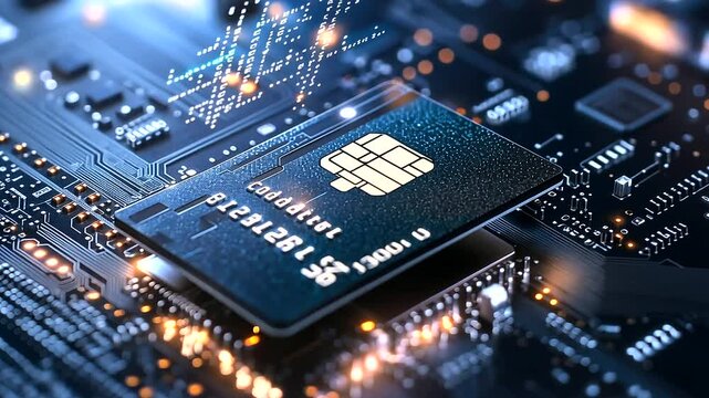 A digital lock secures a credit card on a sophisticated circuit board, with encryption symbols floating above, signifying protection against fraudulent online transactions.