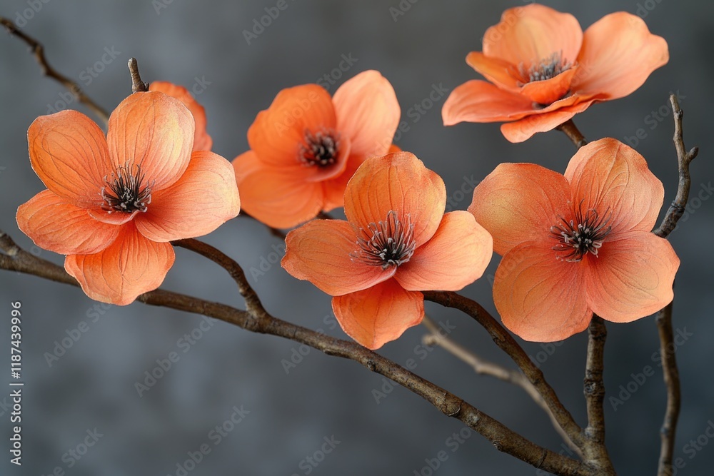 Poster close-up of orange flowers sitting on the end of a branch, with sunlight filtering through
