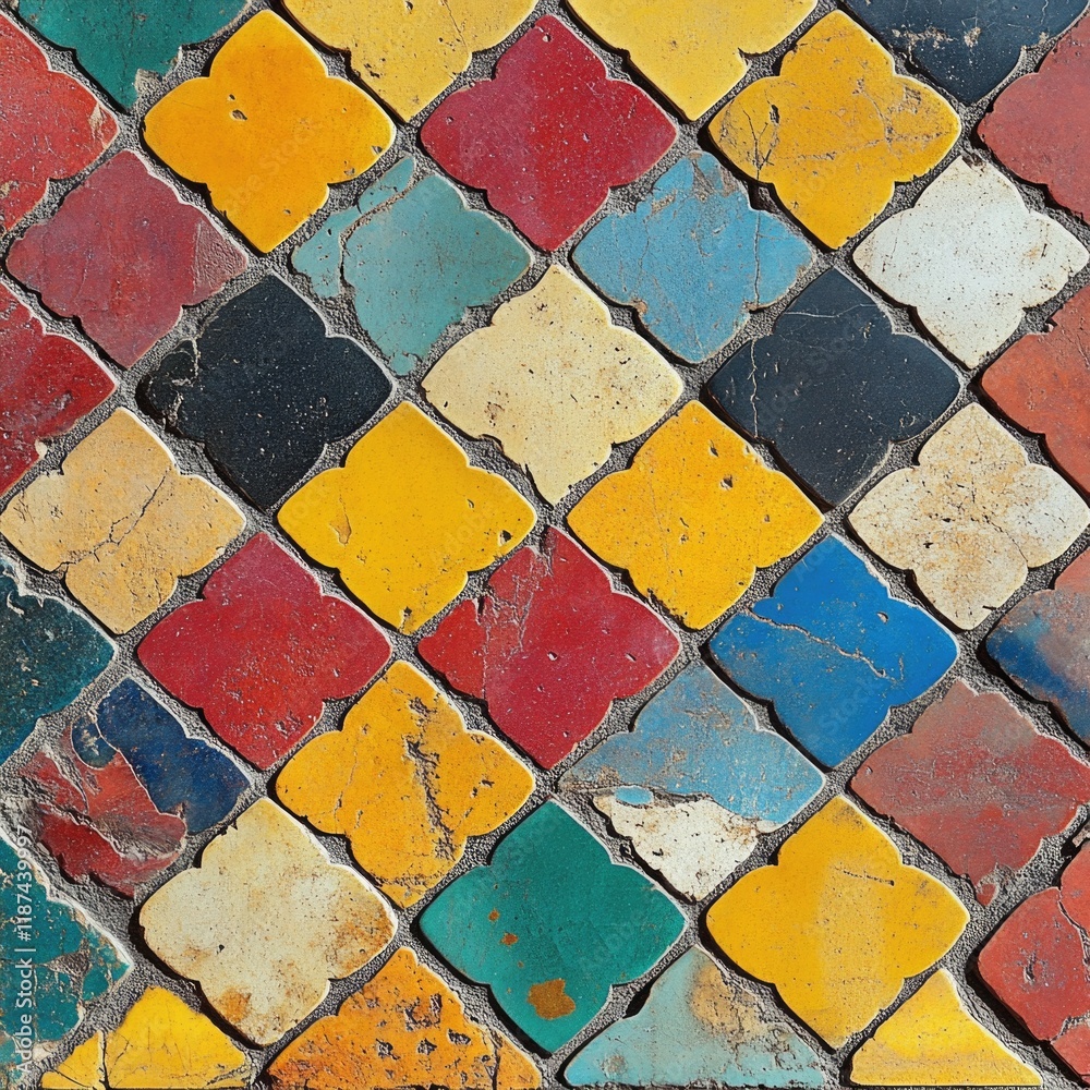 Poster a close-up shot of a vibrant and intricate tiled floor, perfect for decorating or design projects