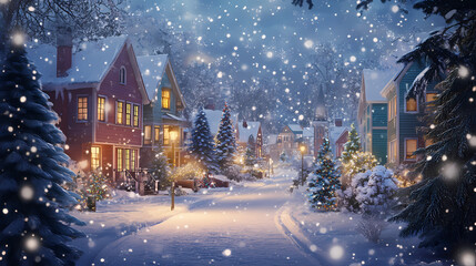 Naklejka premium Snow is falling on colorful houses and pine trees in a neighborhood during christmas season. this festive scene is perfect for winter and holiday projects. Stardrift. Illustration