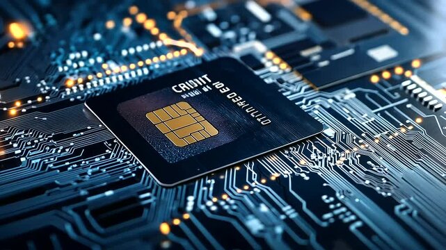 A futuristic digital lock secures a credit card on a sleek circuit board, with encrypted data lines flowing around it, symbolizing advanced online security measures.