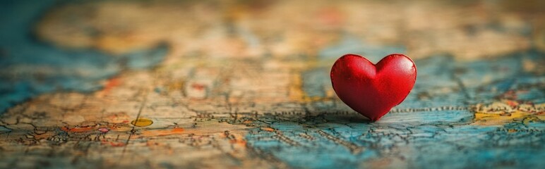 Fototapeta premium A vibrant red heart shaped ornament resting on a detailed world map symbolizing the concepts of love travel adventure and The image conveys a sense of romance wanderlust