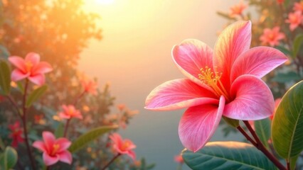 Fototapeta premium Valentines day background with A pink flower with a yellow center is in the foreground of a field of flowers. The sun is shining brightly, casting a warm glow on the scene. Concept of peace and