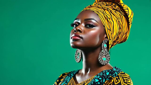 Studio portrait of a beautiful African woman wearing an intricately wrapped Ankara headdress, a bold patterned dress, and layered beaded jewelry, her expression exuding cultural pr