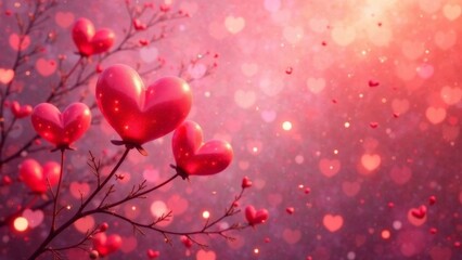 Obraz premium Valentines day background with A bunch of red hearts are hanging from a tree branch. The background is pink and has a blurry effect. Concept of love and warmth