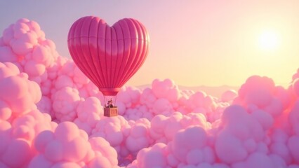 Valentines day background with A pink hot air balloon with a heart on it is flying through a pink cloud. The balloon is surrounded by many other pink clouds, creating a whimsical and playful