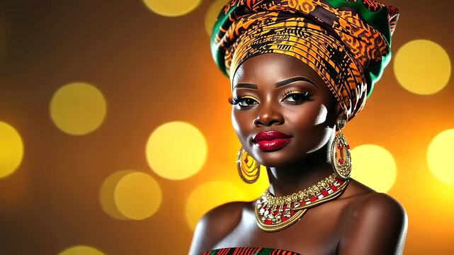 A stunning African woman in a vibrant kente cloth dress with matching gele headdress, her gold jewelry glistening under the studio lights, radiating heritage and sophistication.