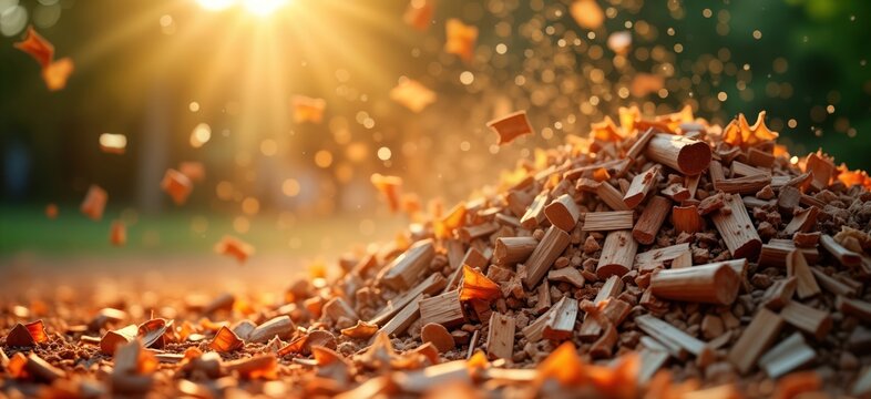 Pile of wood chips fly in air lit by golden sunlight. Activity in workshop sawmill apparent. Natural resource transformation evident. Craft construction work suggested. Dynamic, productive scene.