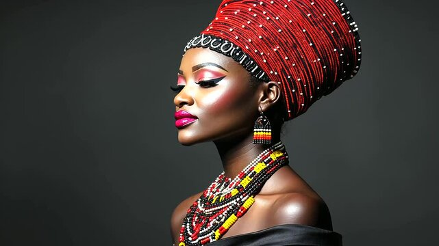 A regal African woman dressed in traditional Zulu attire, featuring a beaded isicholo headdress and colorful accessories, standing gracefully against a minimalist background.