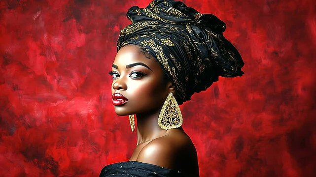 Studio portrait of an African woman in a flowing dashiki, her turban-style headwrap accented with gold and her large earrings symbolizing cultural richness.