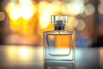 A close-up shot of a bottle of perfume placed on a table