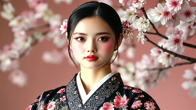 A stunning Japanese woman in a delicate cherry-blossom-patterned kimono, obi sash tied perfectly, with kanzashi hairpins completing her timeless look.