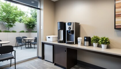 Modern office break room with coffee machine, water cooler, and small patio.