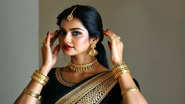 Studio portrait of an Indian woman dressed in an exquisite saree with golden zari work, adorned with bangles, earrings, and a maang tikka, radiating grace.