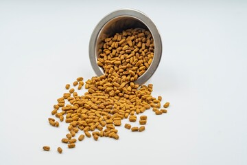Dry food for domestic cats and dogs in a bowl on a white background