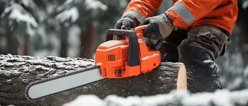 On a sawmill, a skilled lumberman cuts down trees. An up-close look at the chainsaw being held