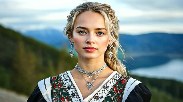 A beautiful woman in traditional Norwegian bunad attire, her silver jewelry and intricately embroidered dress symbolizing heritage and dignity.