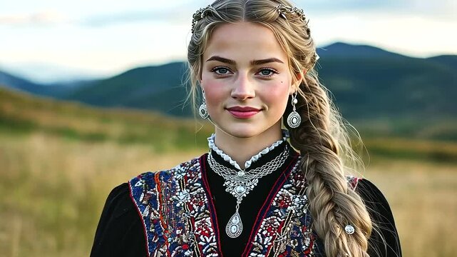 A beautiful woman in traditional Norwegian bunad attire, her silver jewelry and intricately embroidered dress symbolizing heritage and dignity.