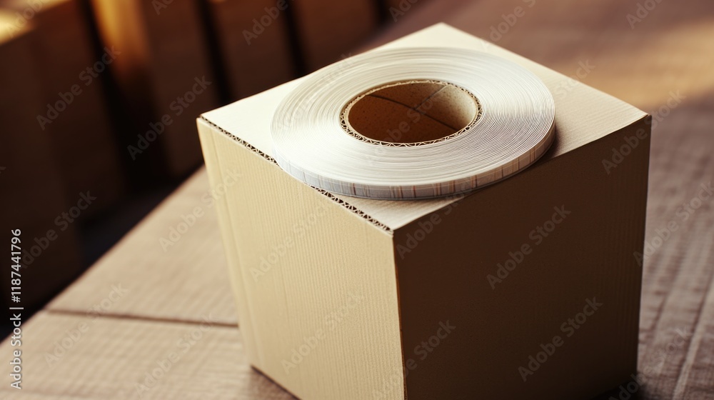 Poster a roll of tape sits on top of a cardboard box
