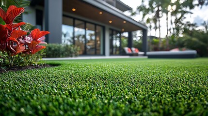 Lush artificial grass lawn in front of modern house.