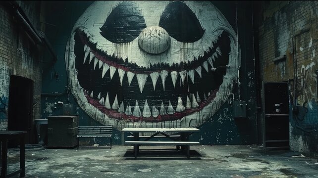 A creepy clown face mural dominates a derelict building's interior, featuring a picnic table in the foreground.