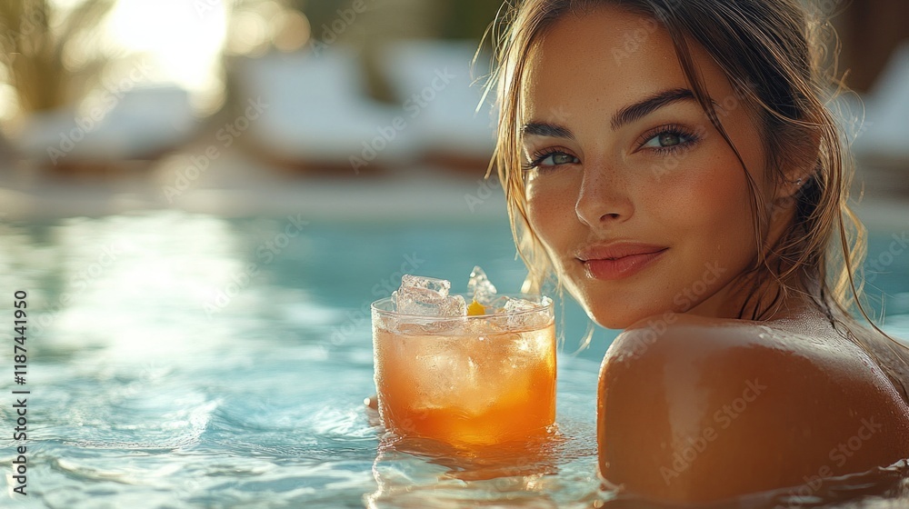 Poster a woman enjoying time by the pool with a refreshing drink