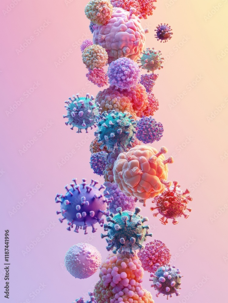 Aufkleber Progression of virus forms illustrates evolution from simple to complex structures in vibrant colors. Generative AI