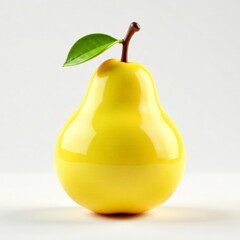 A yellow pear with a green leaf on top. The pear is sitting on a white background. Concept of freshness and natural beauty