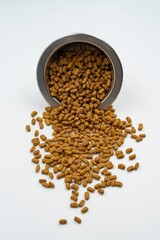 Dry food for domestic cats and dogs in a bowl on a white background