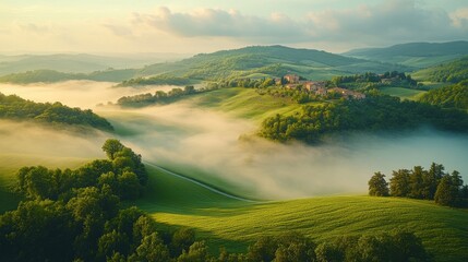 Fototapeta premium karst landscape in tuscany near chiusure photographed with a drone fields valley of toscana siena region in italy with little road and morning fog mist small village of chiusure