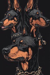 Obraz premium Three Doberman dogs wearing collars on a dark black background