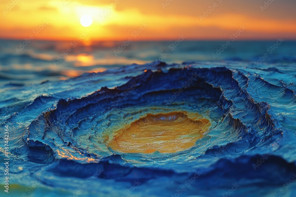 Poster a detailed view of a wave breaking on the surface of the ocean during sunset