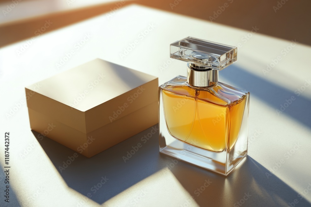 Poster a bottle of perfume sits next to a box